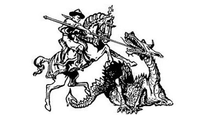 sankt georg på sin hest. Han spidder dragen med sin lanse