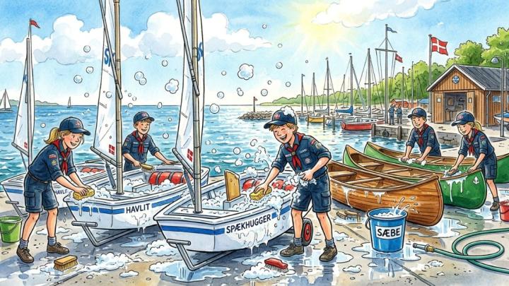 spejdere vasker joller og kanoer